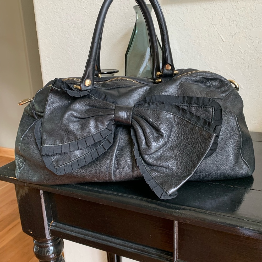 RED Valentino Black Leather Satchel with Bow Detail